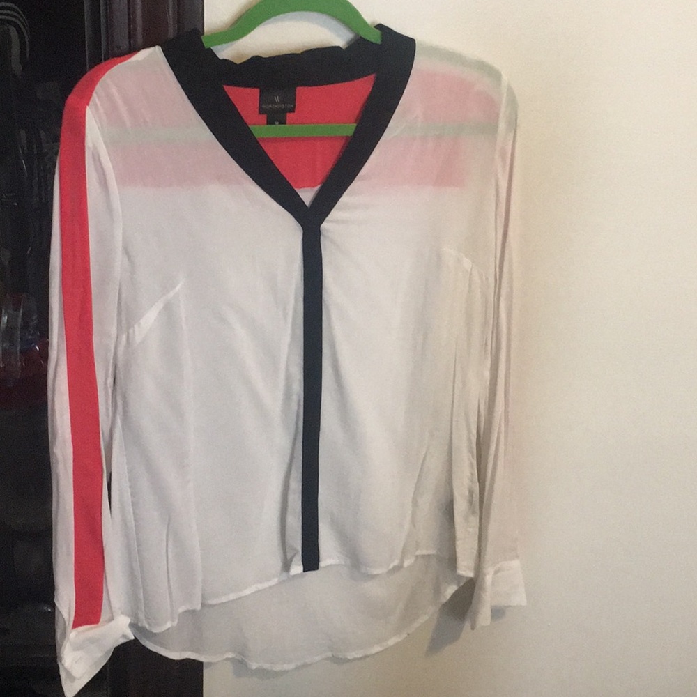 White, black and pink button up long sleeve blouse